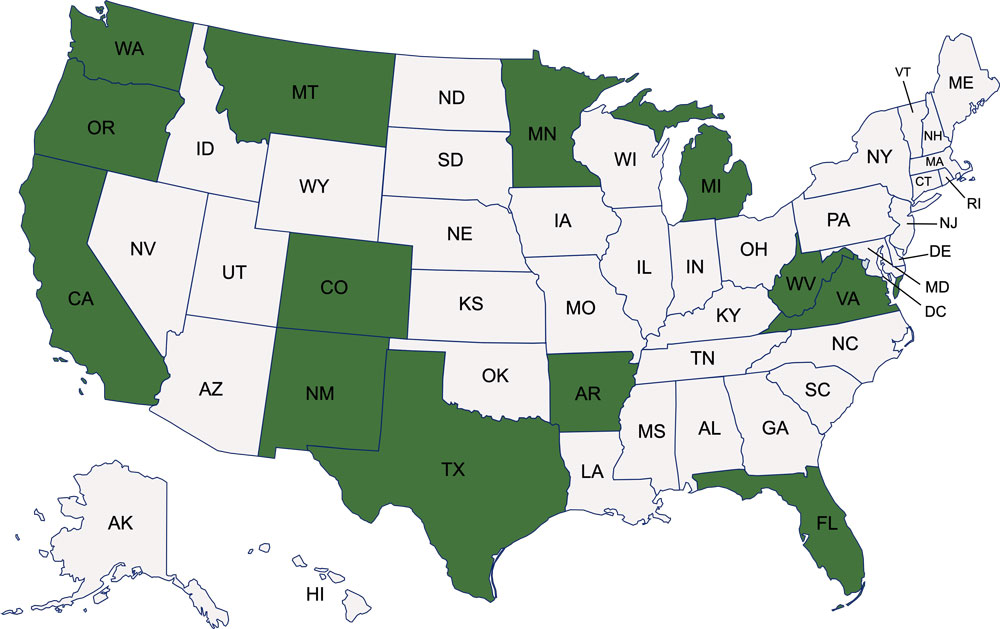 Map of the United States with the following states highlighted in green to show where trees have been planted: Washington, Oregon, California, Montana, Colorado, New Mexico, Texas, Arkansas, Florida, West Virginia, Virginia, Michigan, and Minnesota
